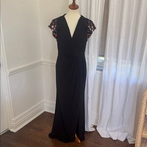 Elegant Mac Duggal Black Evening Dress with Floral rhinestone Accents